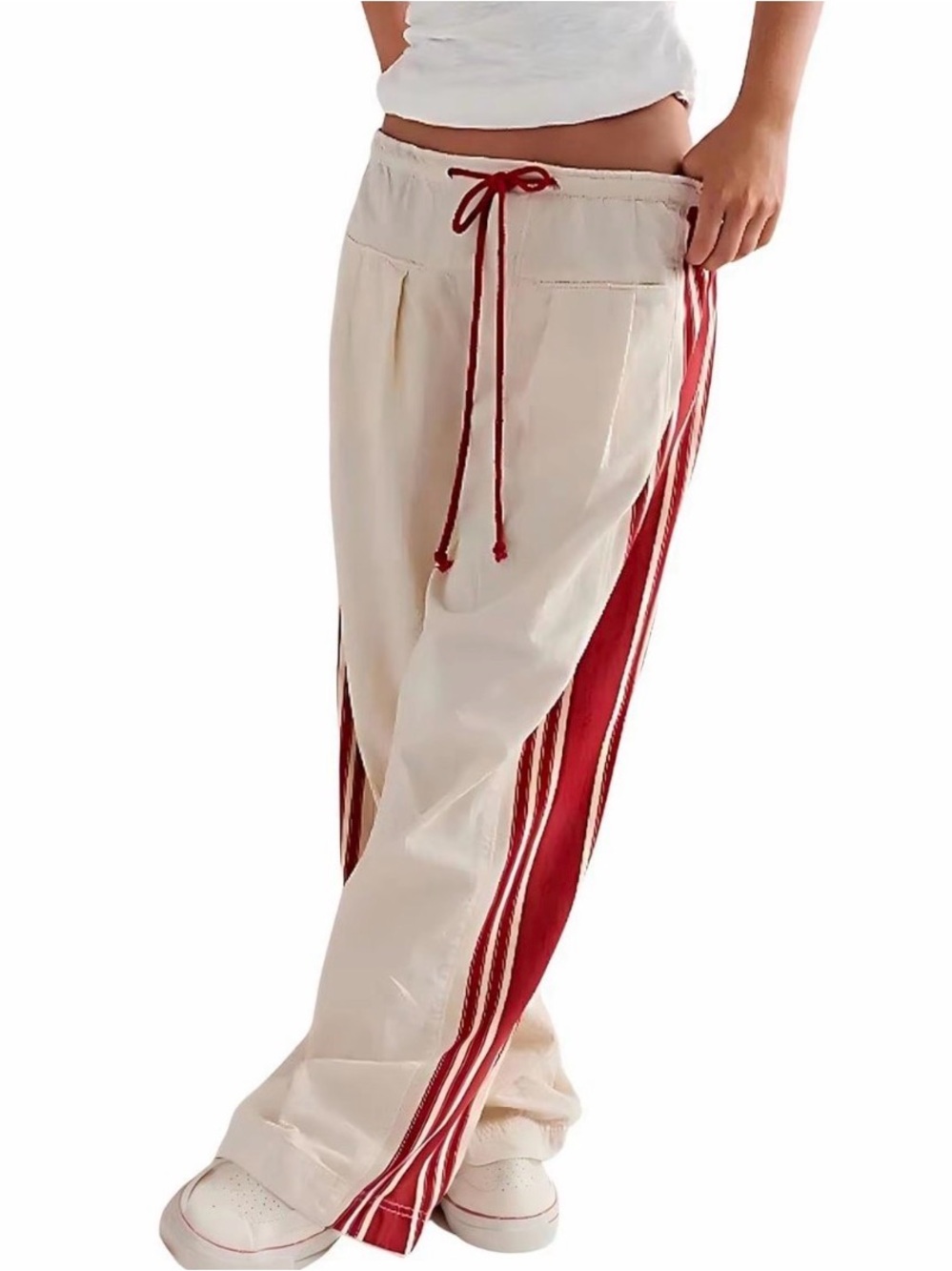 Women’s Cream Lounge Pants with Red Side Stripe